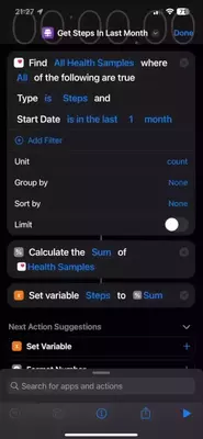 Apple shortcut demonstrating that summing many Apple Health samples takes a long time