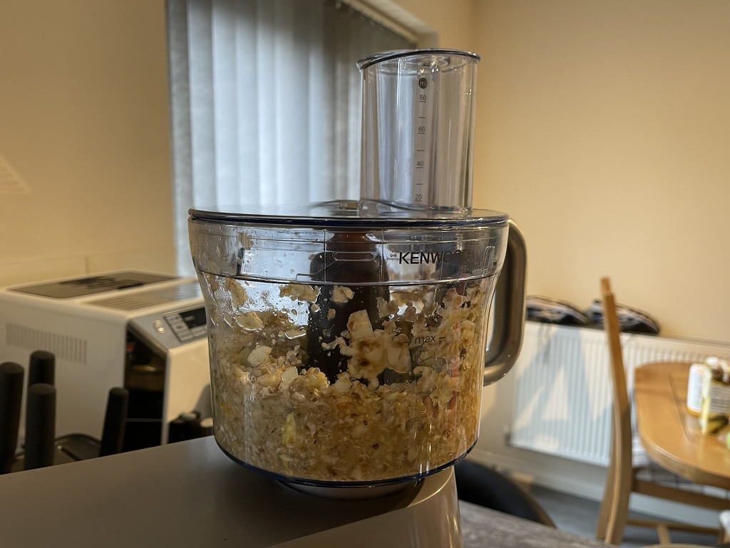 Stuffing mixture ingredients blitzed in food processor